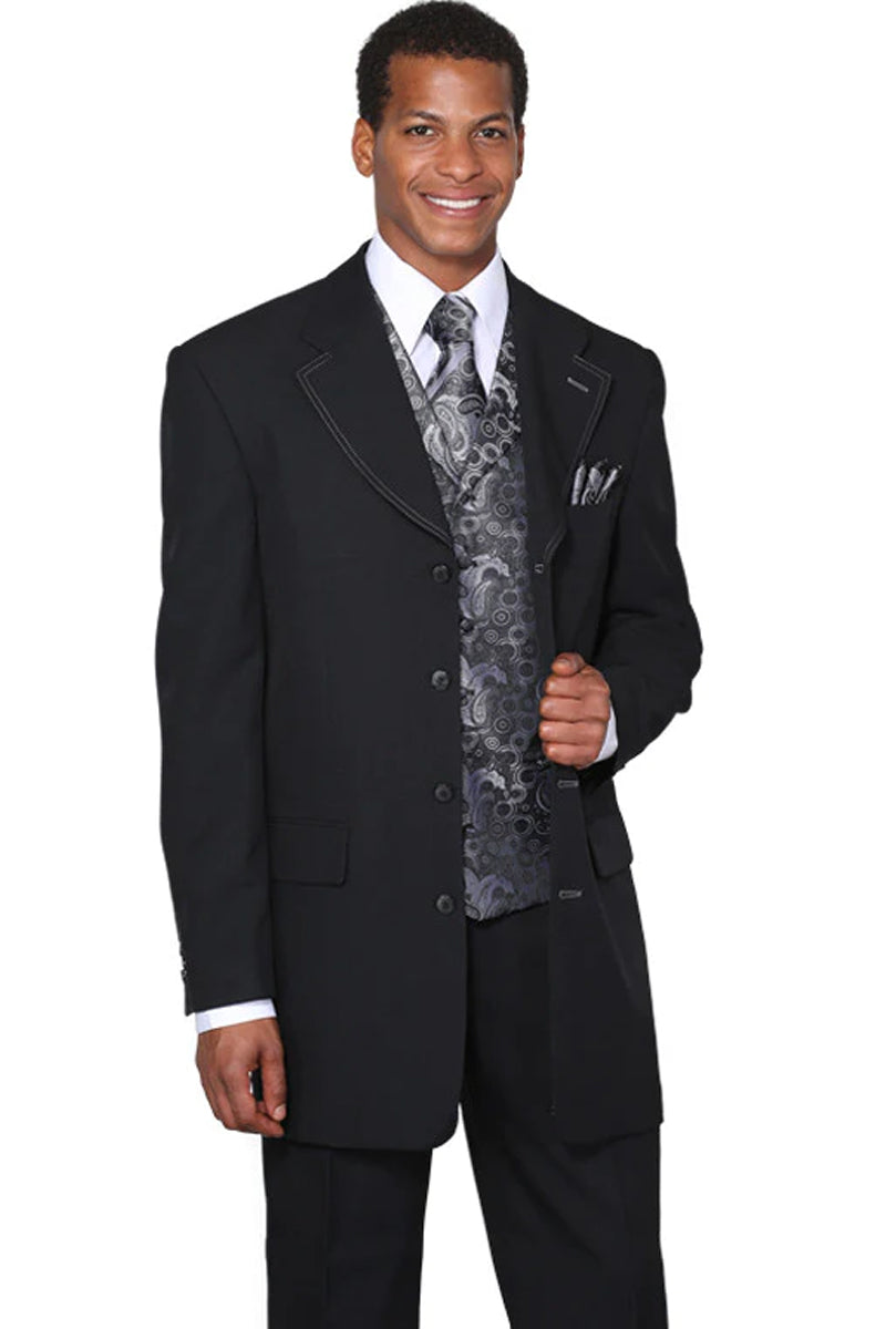 "Black Men's Fashion Suit with Silver Paisley Vest - 4 Button Long Vested" "Black Men's Fashion Suit with Silver Paisley Vest - 4 Button Long Vested"