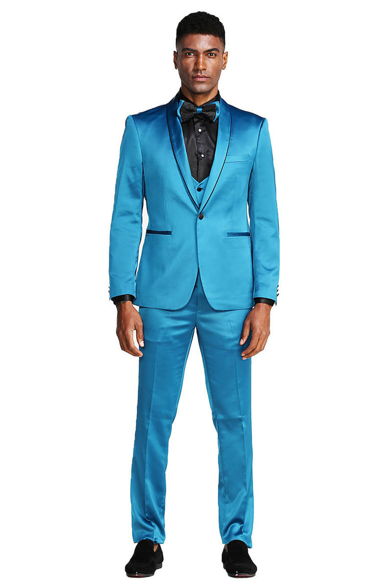 Turquoise Men's Slim Fit Vested Satin Tuxedo Suit for Prom 2025 & Wedding - 34 Short