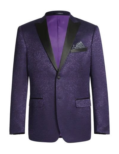Mens One Button Satin Peak Lapel Paisley Prom 2026 Blazer in Purple