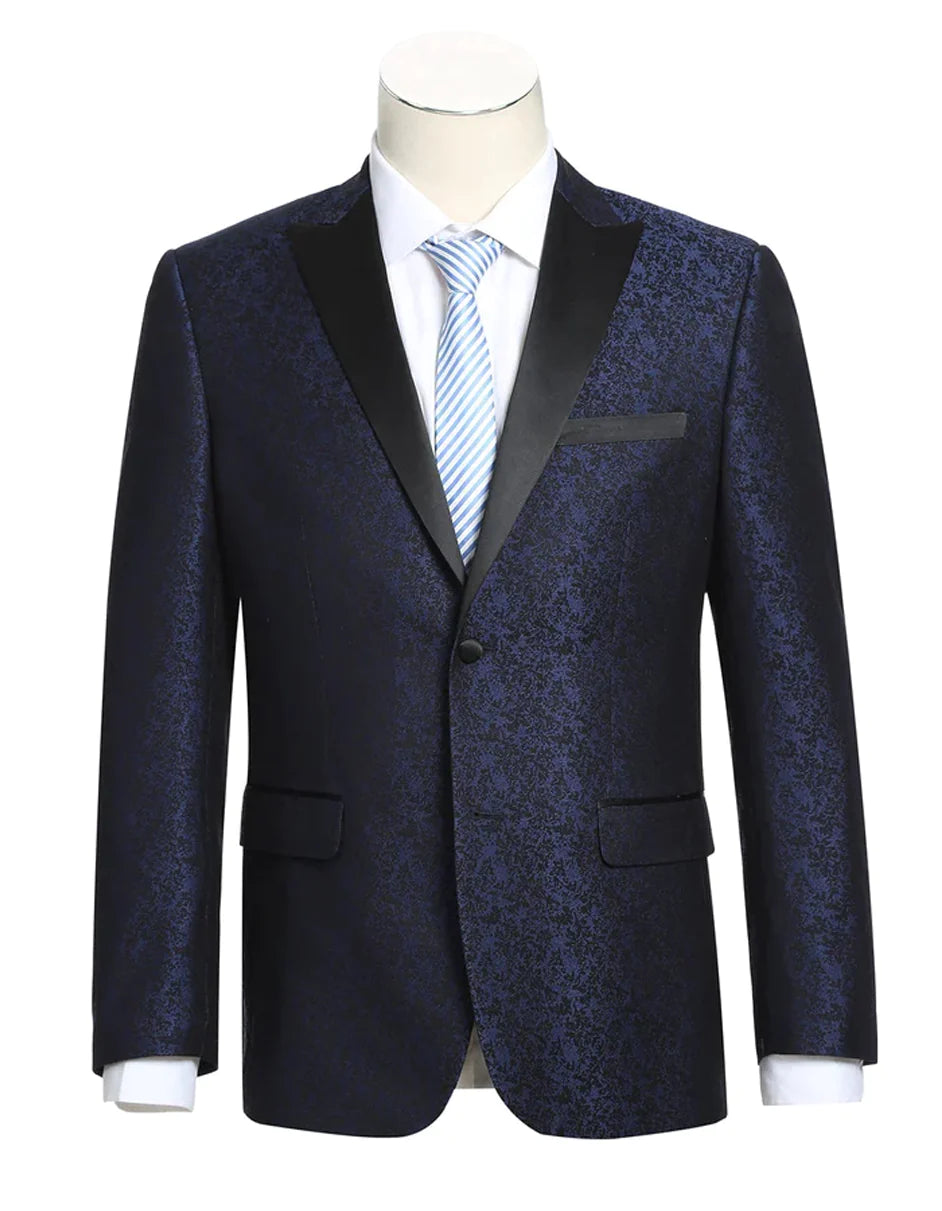 Mens Navy Blue Wedding Tuxedo - Dark Blue Tuxedo Suit" Mens 1 Button Satin Peak Lapel Paisley Prom Blazer in Navy Blue