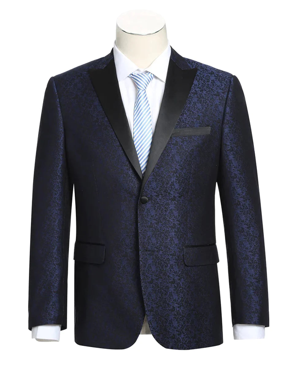 Mens Navy Blue Wedding Tuxedo - Dark Blue Tuxedo Suit" Mens 1 Button Satin Peak Lapel Paisley Prom 2025 Blazer in Navy Blue - Small