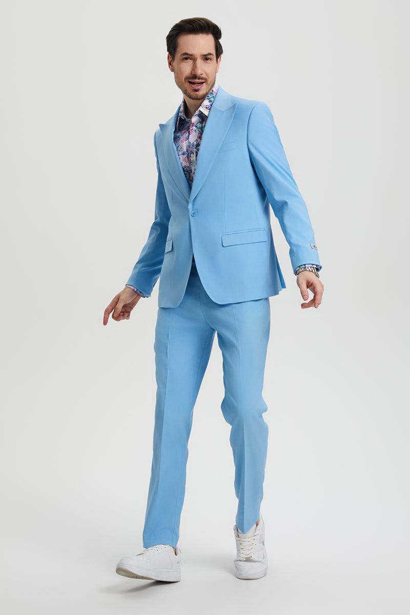 "Stacy Adams Men's Designer Suit - Sky Blue Vested One Button Peak Lapel"
