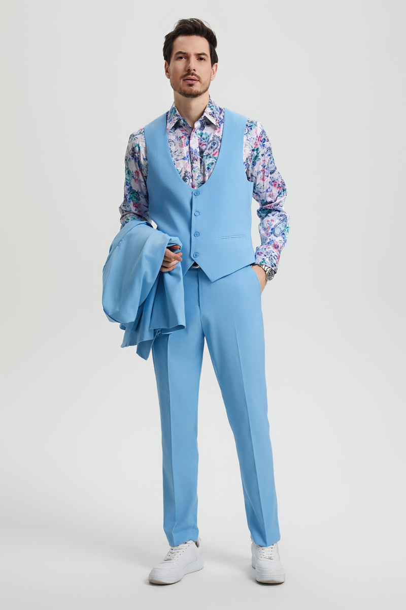 "Stacy Adams Men's Designer Suit - Sky Blue Vested One Button Peak Lapel"