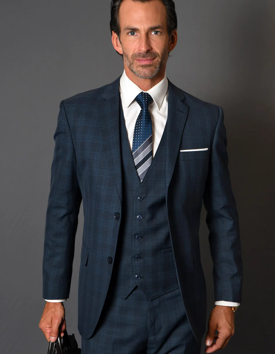 100 Percent Wool Suit - Mens Vest Wool Business Navy Plaid Suits - 38 Short Jacket+32 Waist Adjustable 28to34)(Height: 5 4 to5 7 )(Neck 15-16.5)S-M)