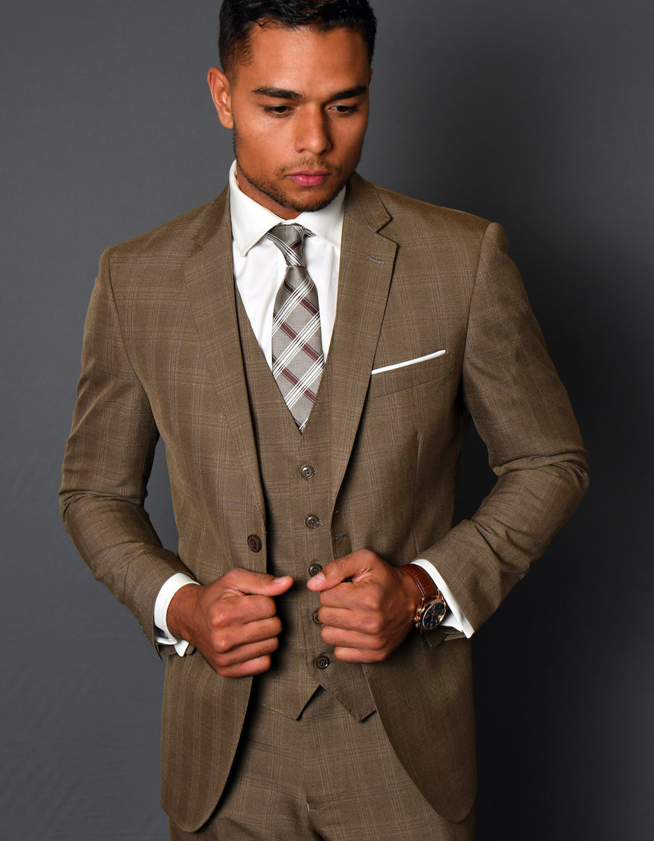 Mens Classic Fit Pleated Pant 2 Button Wool Suit in Camel main image 1