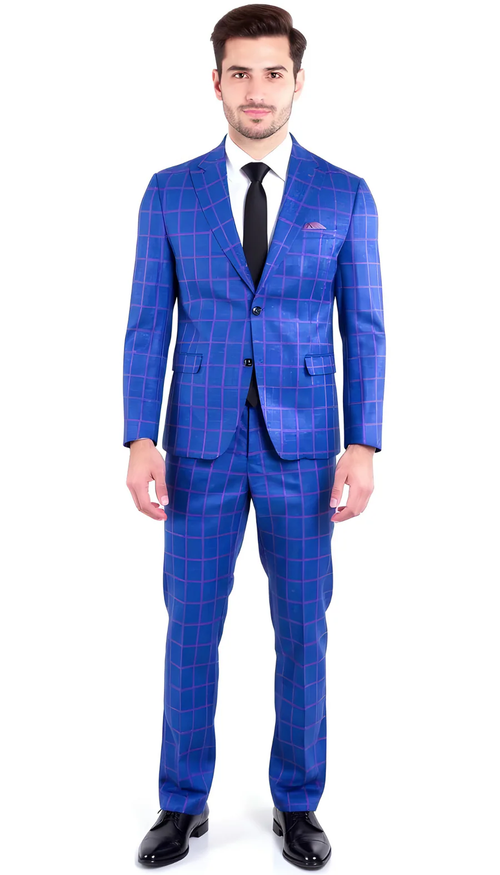 Mens Slim Fit Plaid Suit in Blue β Elegant 3 Piece Formal Set