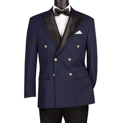 Men's Double Breasted Satin Peak Lapel Modern Fit Blazer with Bow Tie - Navy
