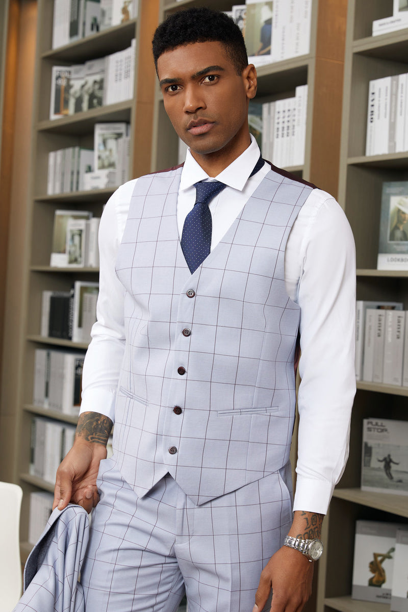 Mens Stacy Adams Suit -Stacy Adams Suit Men's Light Blue Plaid Vested Suit - Two Button Wide Notch Lapel - 34 Short