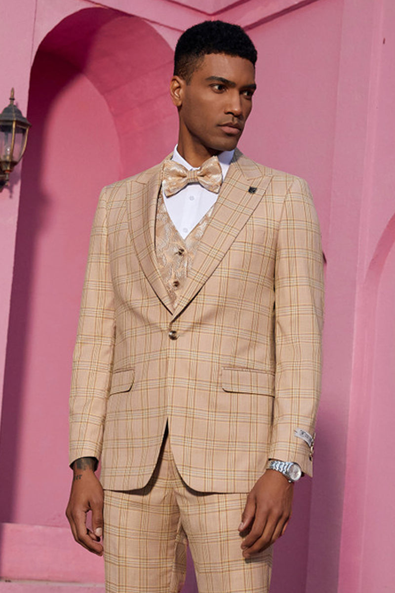 "Mens Stacy Adams Suit -Stacy Adams Men's Plaid Suit with Paisley Vest & Bow Tie - Khaki" - 34 Short