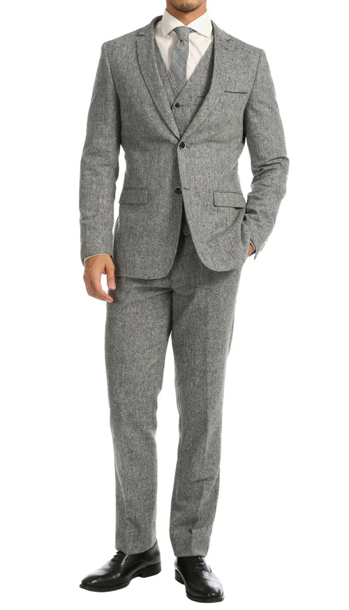 Mens Grey Tweed Three Piece Suit Vintage British Fabric Slim Fit Wedding & Business Wear