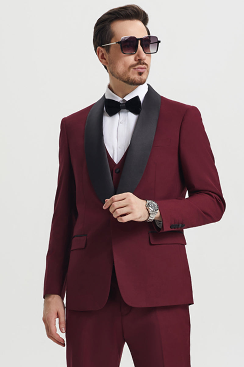 "Mens Stacy Adams Suit - Stacy Adams Suit Men's Designer Tuxedo - Vested One Button Shawl Lapel in Burgundy" - 34 Regular