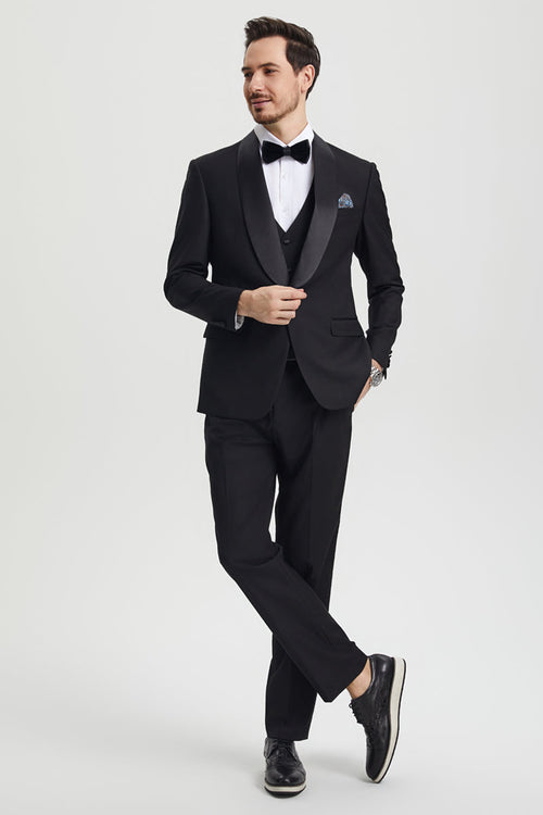 Men's Stacy Adams Vested One Button Shawl Lapel Designer Tuxedo in Black