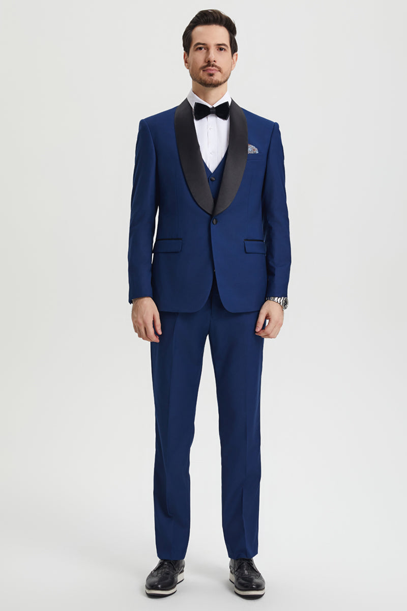 Men's Stacy Adams Vested One Button Shawl Lapel Designer Tuxedo in Indigo Blue - Indigo
