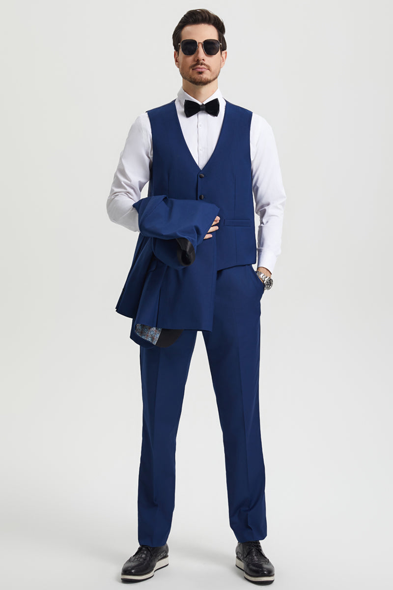 Men's Stacy Adams Vested One Button Shawl Lapel Designer Tuxedo in Indigo Blue - Indigo