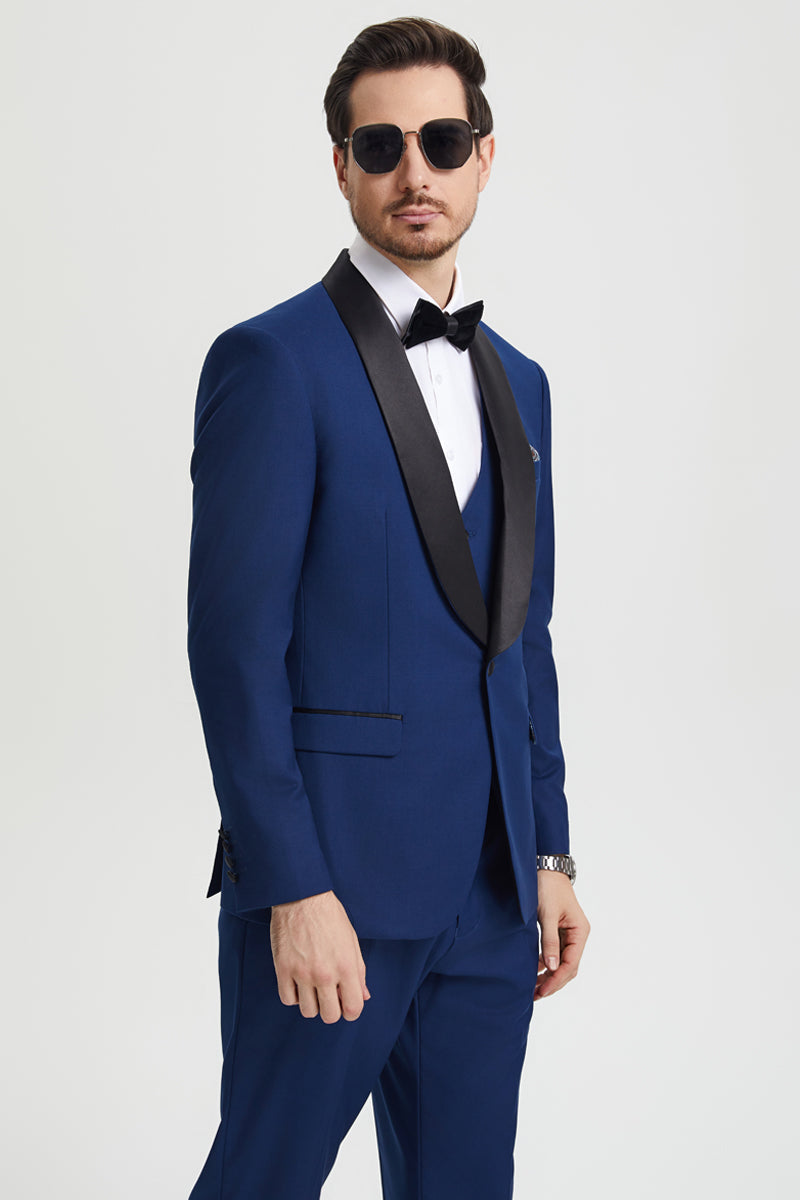 Men's Stacy Adams Vested One Button Shawl Lapel Designer Tuxedo in Indigo Blue - Indigo
