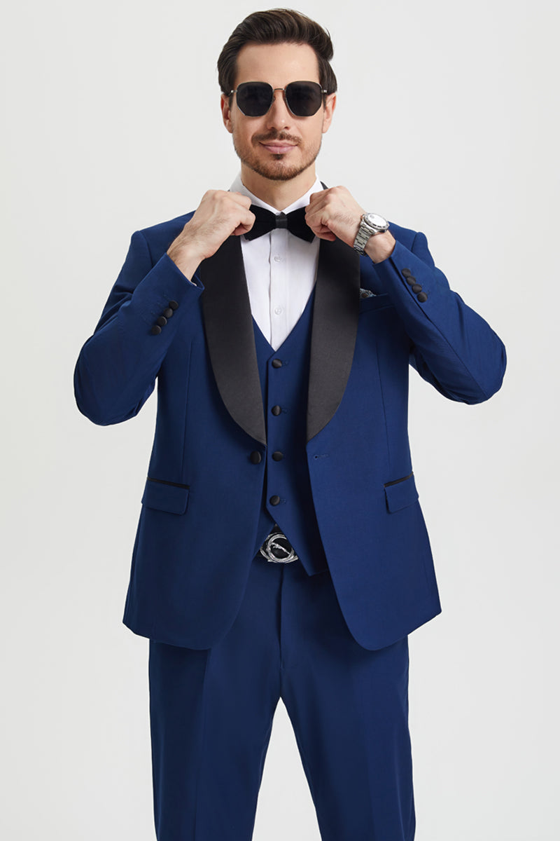 Men's Stacy Adams Vested One Button Shawl Lapel Designer Tuxedo in Indigo Blue - Indigo