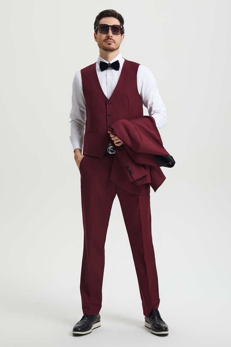 "Mens Stacy Adams Suit - Stacy Adams Suit Men's Designer Tuxedo - Vested One Button Shawl Lapel in Burgundy" - 34 Regular