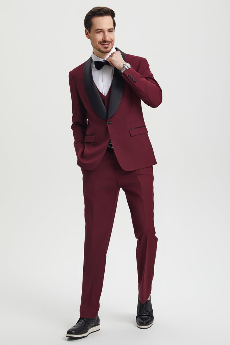 "Mens Stacy Adams Suit - Stacy Adams Suit Men's Designer Tuxedo - Vested One Button Shawl Lapel in Burgundy" - 34 Regular