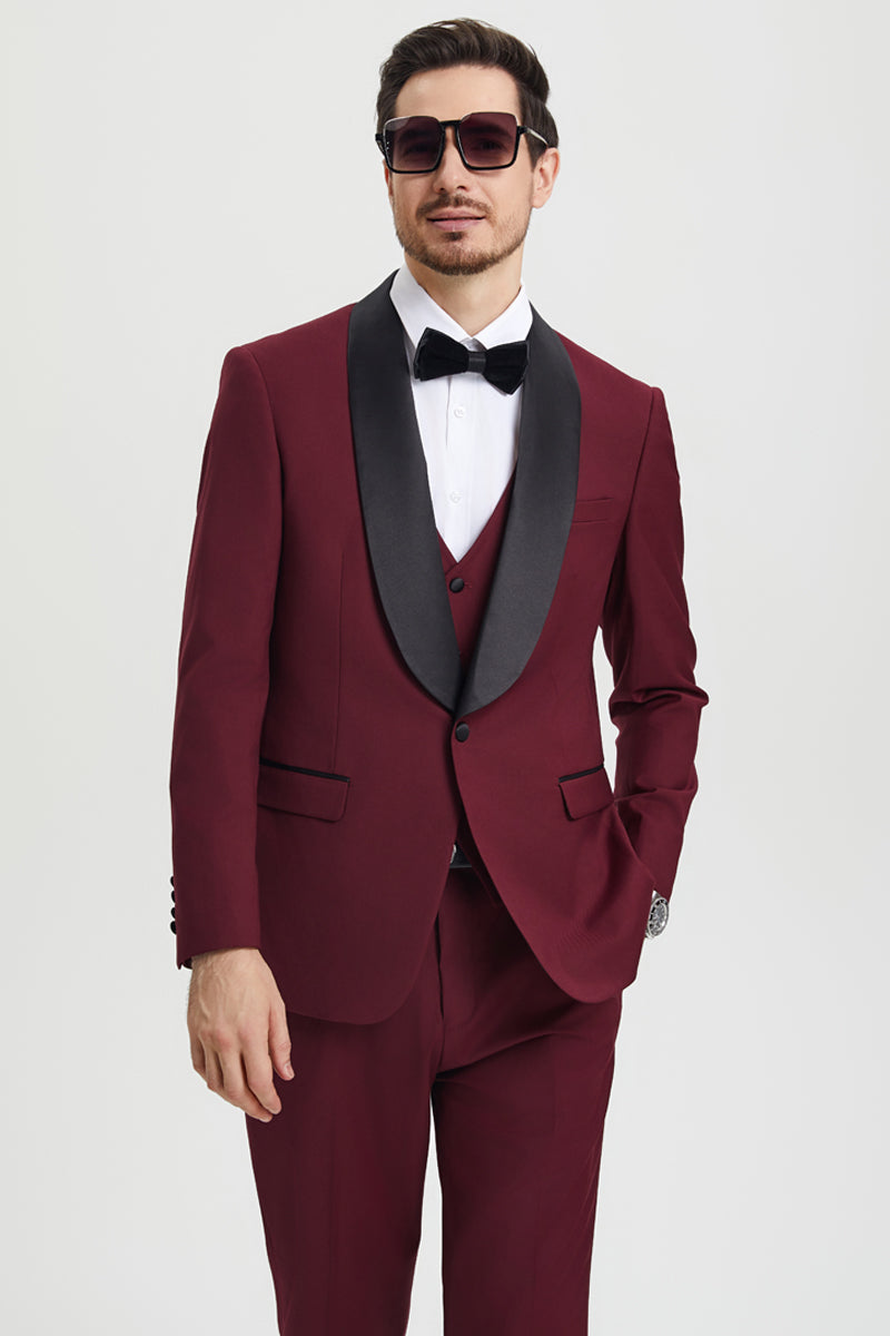 "Mens Stacy Adams Suit - Stacy Adams Suit Men's Designer Tuxedo - Vested One Button Shawl Lapel in Burgundy" - 34 Regular