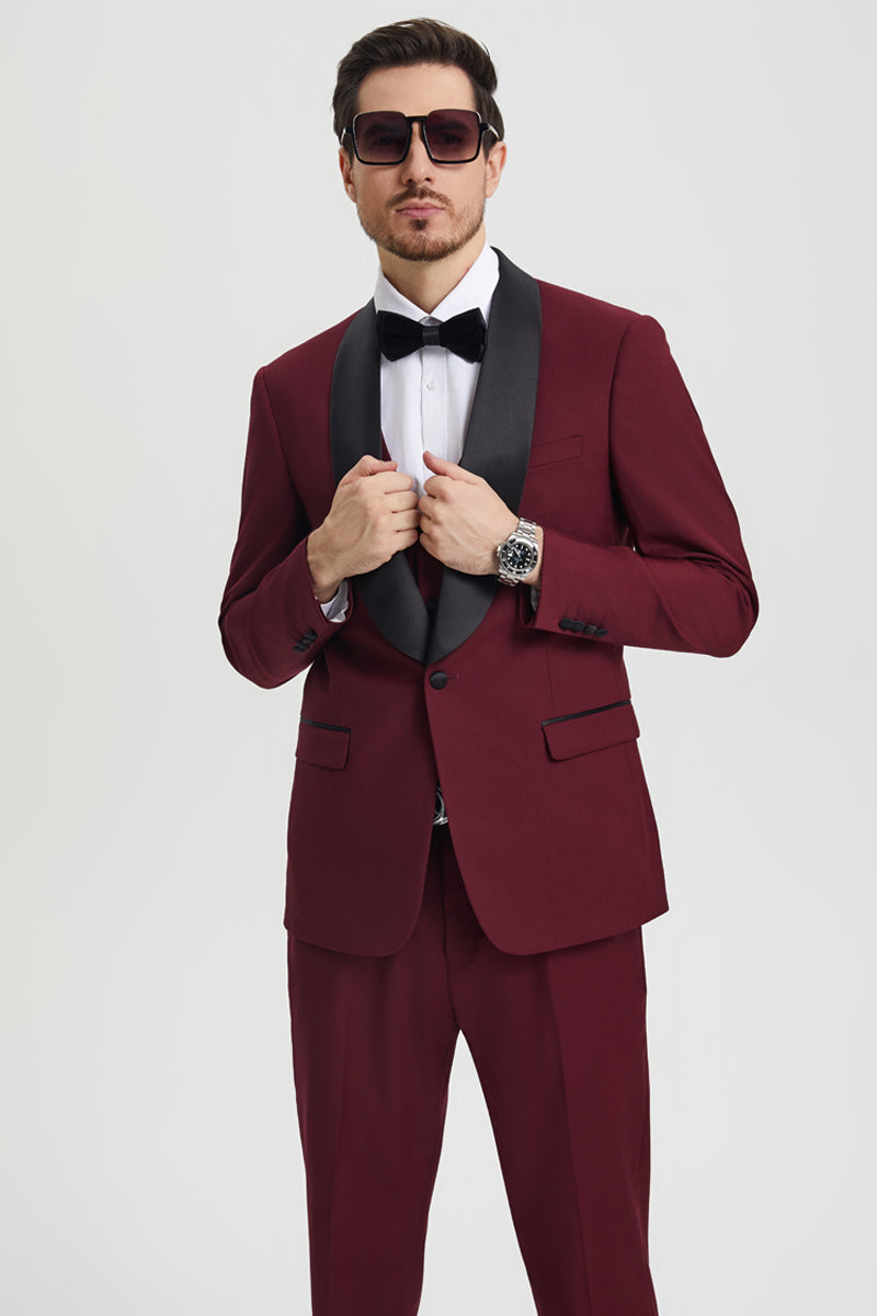 "Mens Stacy Adams Suit - Stacy Adams Suit Men's Designer Tuxedo - Vested One Button Shawl Lapel in Burgundy" - 34 Regular