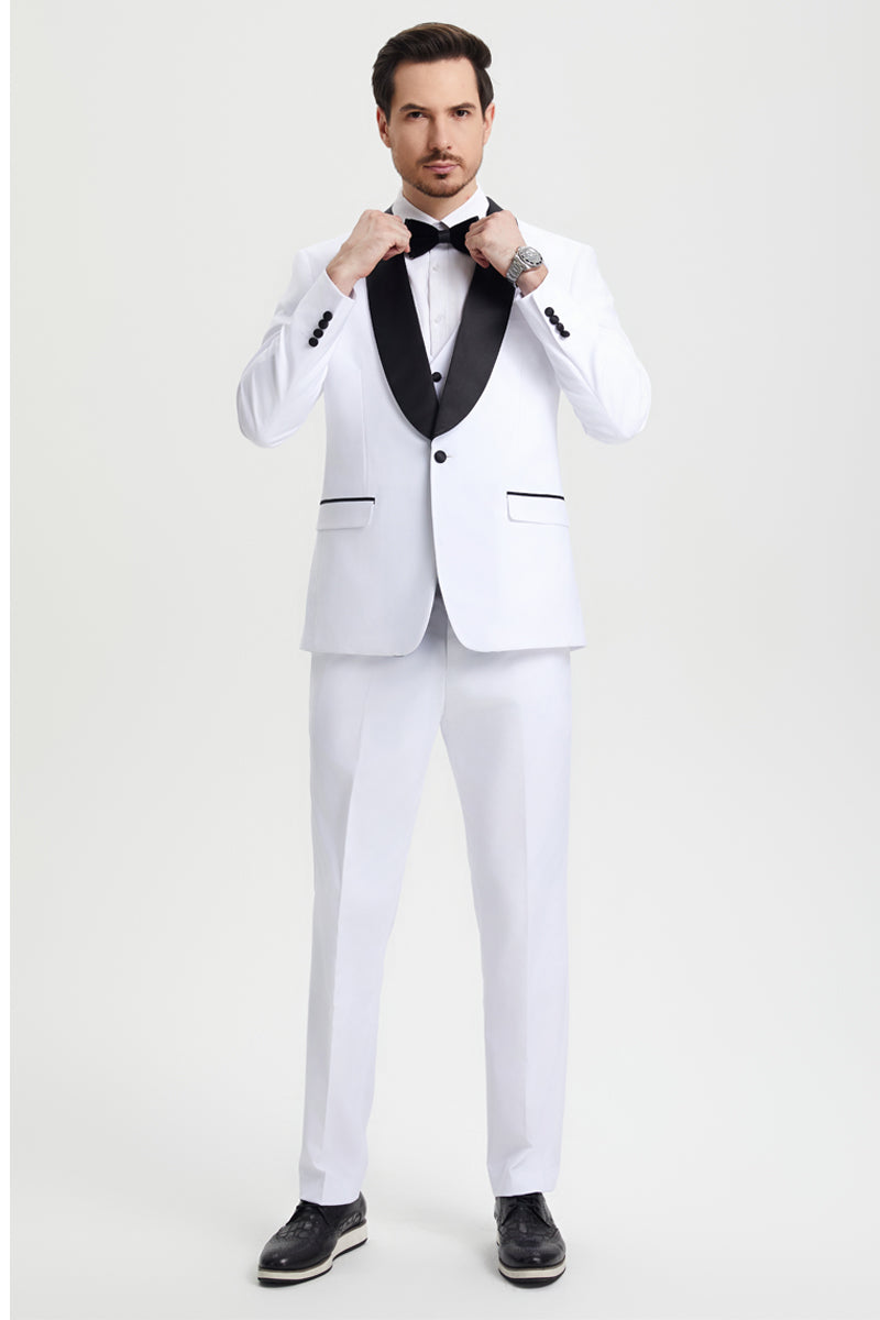 Men's Stacy Adams Vested One Button Shawl Lapel Designer Tuxedo in White suit - White