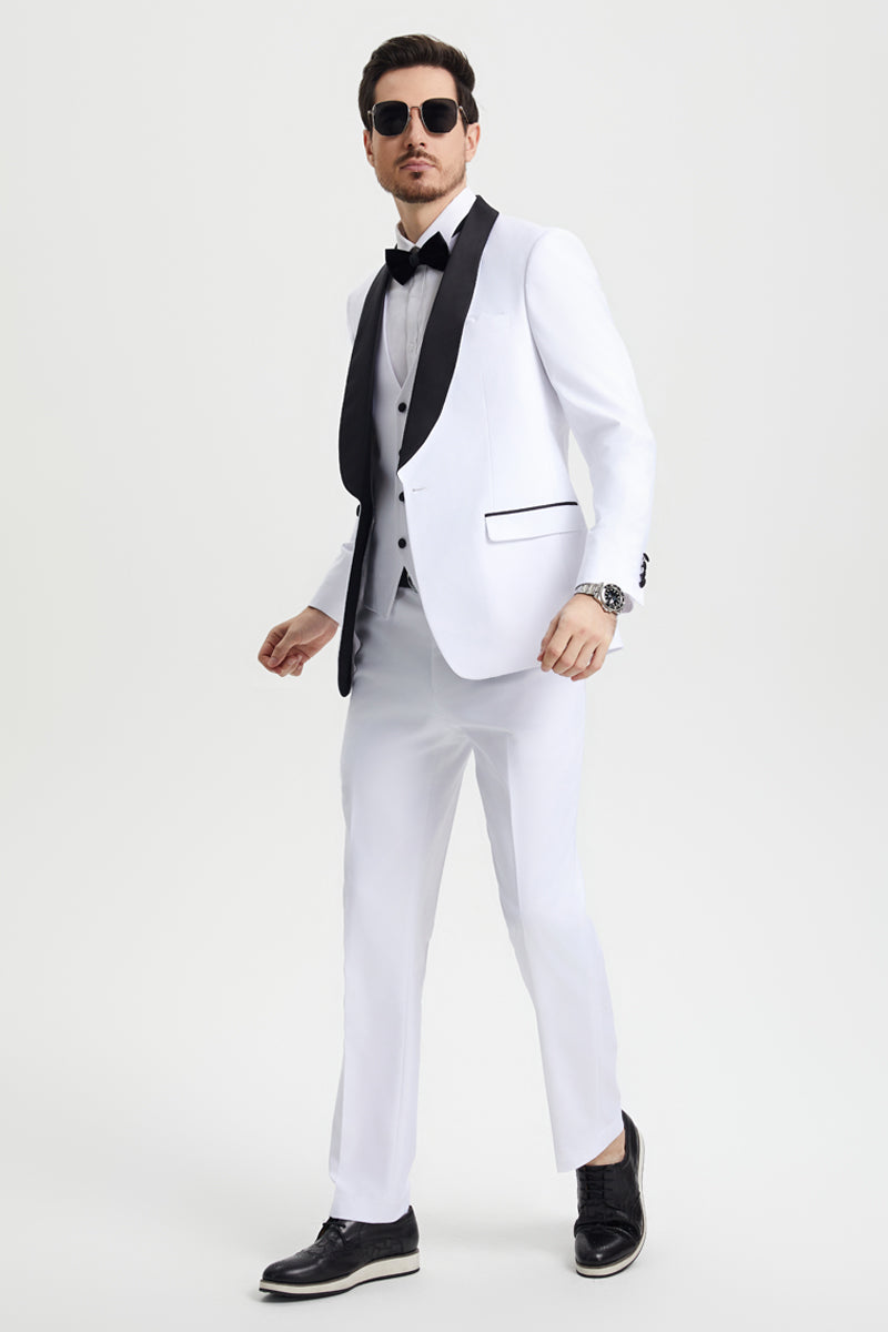 Men's Stacy Adams Vested One Button Shawl Lapel Designer Tuxedo in White suit - White