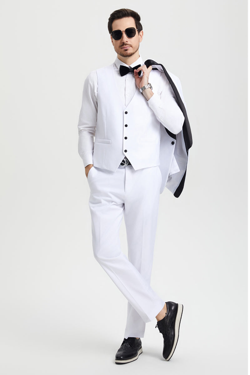 Men's Stacy Adams Vested One Button Shawl Lapel Designer Tuxedo in White suit - White