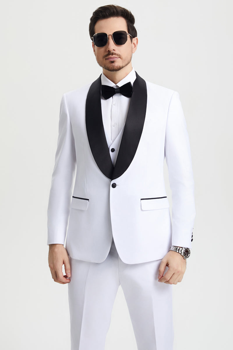 Men's Stacy Adams Vested One Button Shawl Lapel Designer Tuxedo in White suit - White