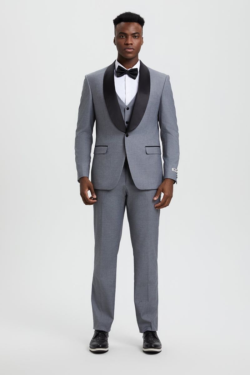 Men's Stacy Adams Vested One Button Shawl Lapel Designer Tuxedo in Grey - Grey