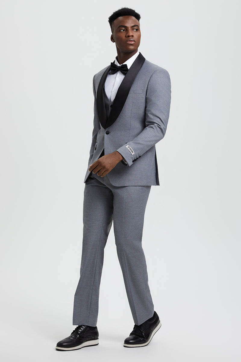 Men's Stacy Adams Vested One Button Shawl Lapel Designer Tuxedo in Grey - Grey