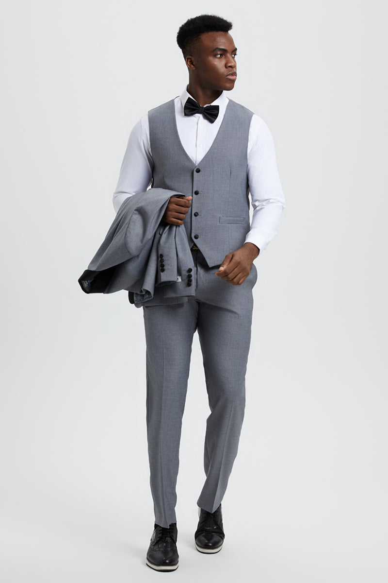 Men's Stacy Adams Vested One Button Shawl Lapel Designer Tuxedo in Grey - Grey