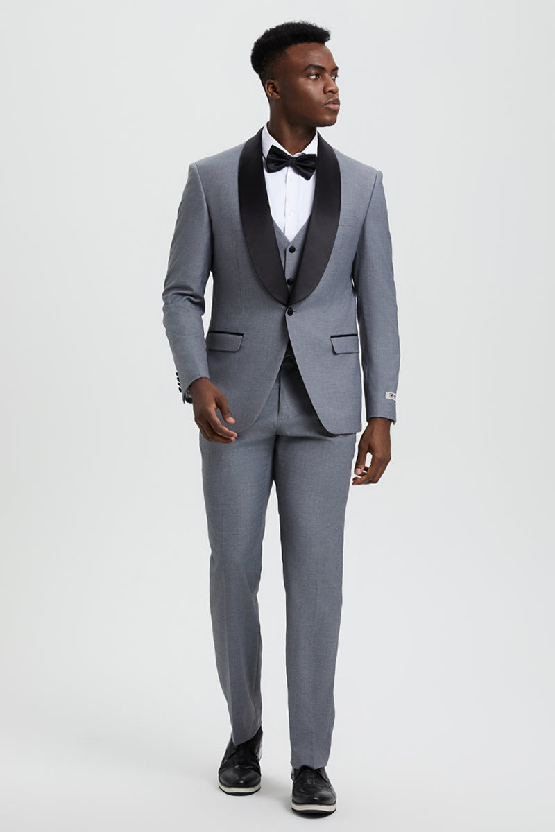 Men's Stacy Adams Vested One Button Shawl Lapel Designer Tuxedo in Grey - Grey