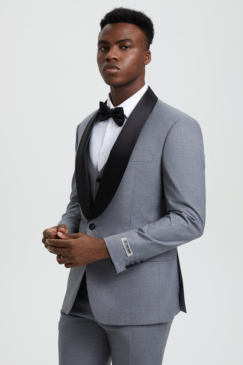 Men's Stacy Adams Vested One Button Shawl Lapel Designer Tuxedo in Grey - Grey