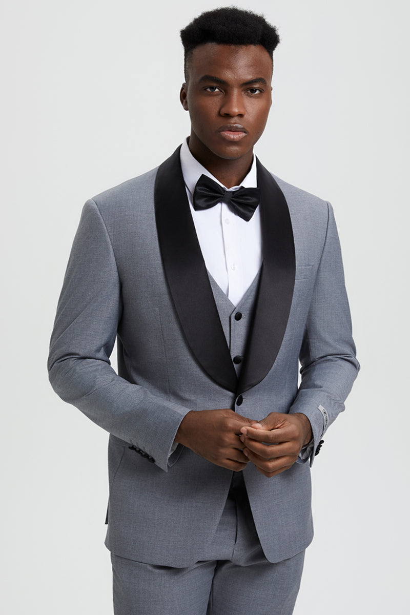 Men's Stacy Adams Vested One Button Shawl Lapel Designer Tuxedo in Grey - Grey