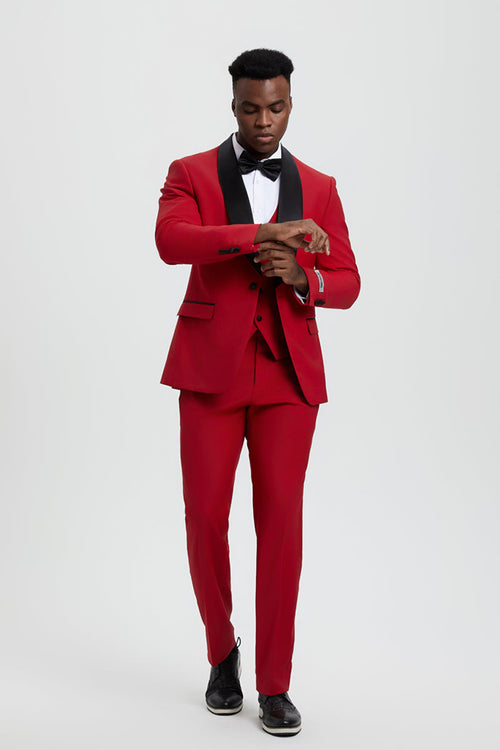 Men's Stacy Adams Vested One Button Shawl Lapel Designer Tuxedo in Red
