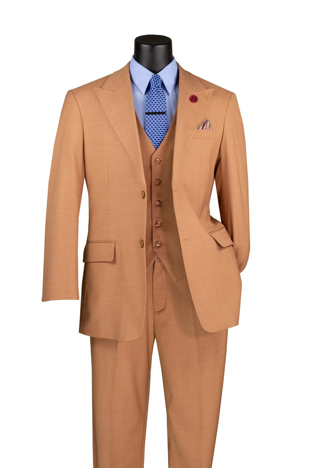 Light Amber Regular Fit 3 Piece Suit with Vest and Adjustable Waist Band Pants - Light Amber