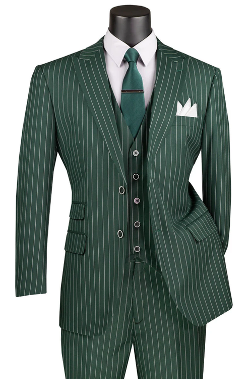 Men’s Hunter Green Pinstripe 1920s Gangster 3 Piece Suit, Great Gatsby Formal Outfit for Weddings, Prom, Parties, and Theme Events