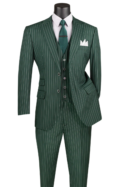 Men’s Hunter Green Pinstripe 1920s Gangster 3 Piece Suit, Great Gatsby Formal Outfit for Weddings, Prom, Parties, and Theme Events