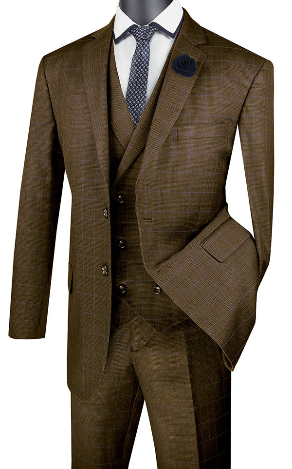Venetian Collection - Taupe Regular Fit Glen Plaid 2 Button 3 Piece Suit - Taupe