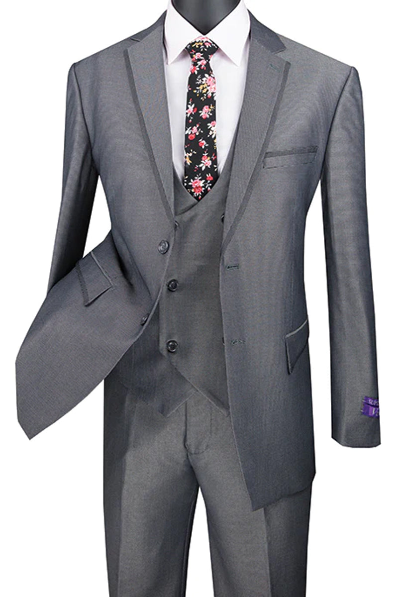 "Charcoal Grey Modern Fit Men's Tuxedo Suit with Double Breasted Vest - Satin Trim"