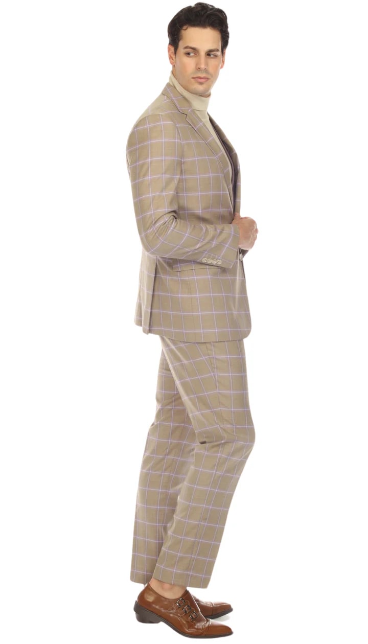 Wilton Tan Mens 2 Button Slim Notch Lapel Suit With Pick Stiching "U" Shaped Vest Double Breasted Contrast Vest - 38 Short Jacket+32 Waist Adjustable 28to34)(Height: 5 4 to5 7 )(Neck  15-16.5)S-M)