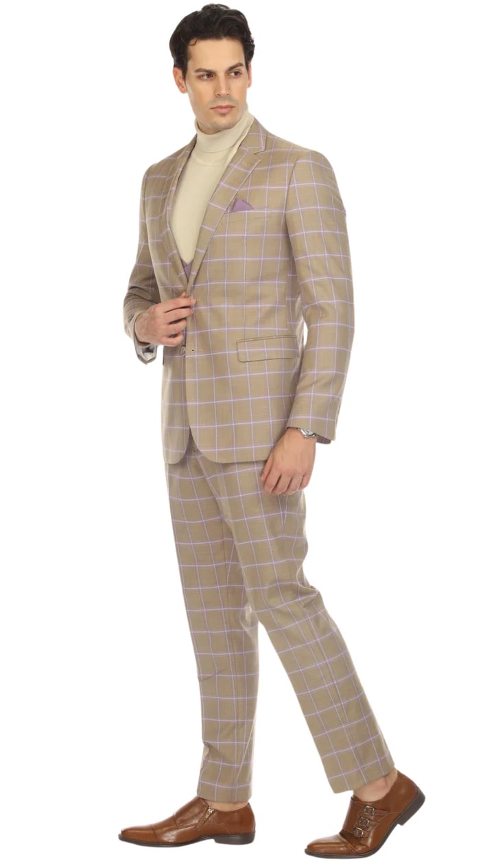 Wilton Tan Mens 2 Button Slim Notch Lapel Suit With Pick Stiching "U" Shaped Vest Double Breasted Contrast Vest - 38 Short Jacket+32 Waist Adjustable 28to34)(Height: 5 4 to5 7 )(Neck  15-16.5)S-M)