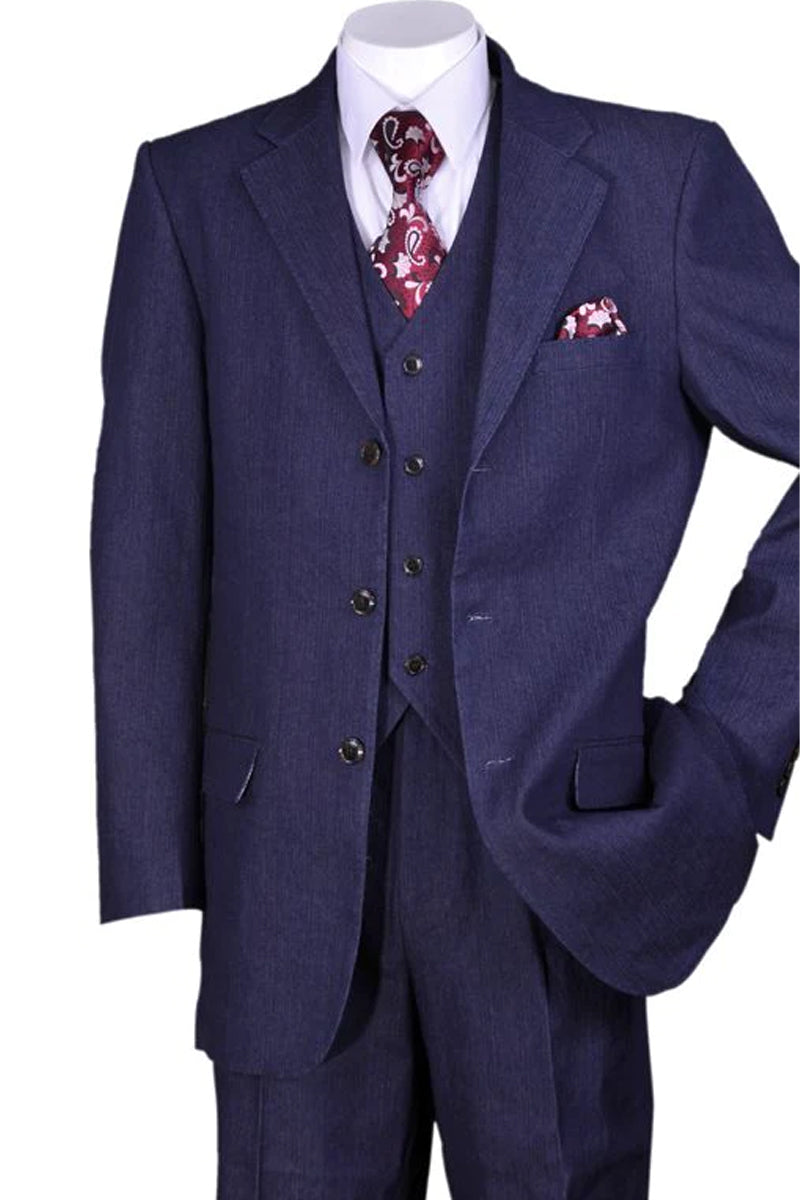 "Men's Navy Blue Denim 3-Button Vested Suit - Stylish Jeans Attire" - 38 Long