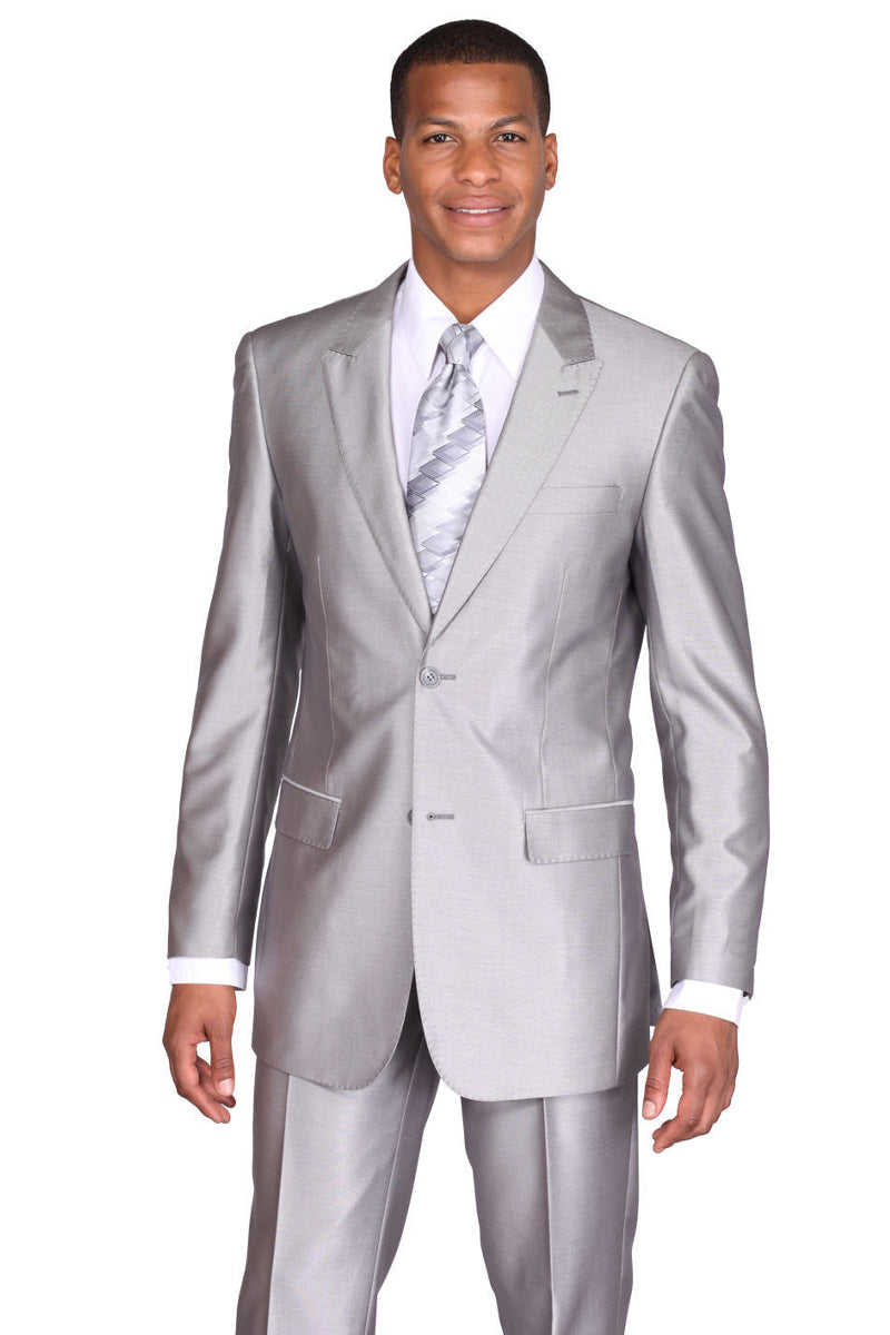"Sharkskin Slim Fit Men's Suit, 2-Button Peak Lapel in Silver Grey"