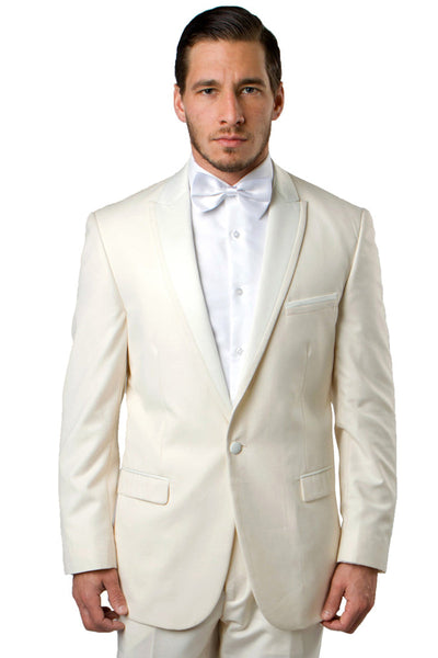 Ivory Men's Slim Fit Tuxedo - One Button, Satin Trim, Peak Lapel for Prom 2026 & Wedding