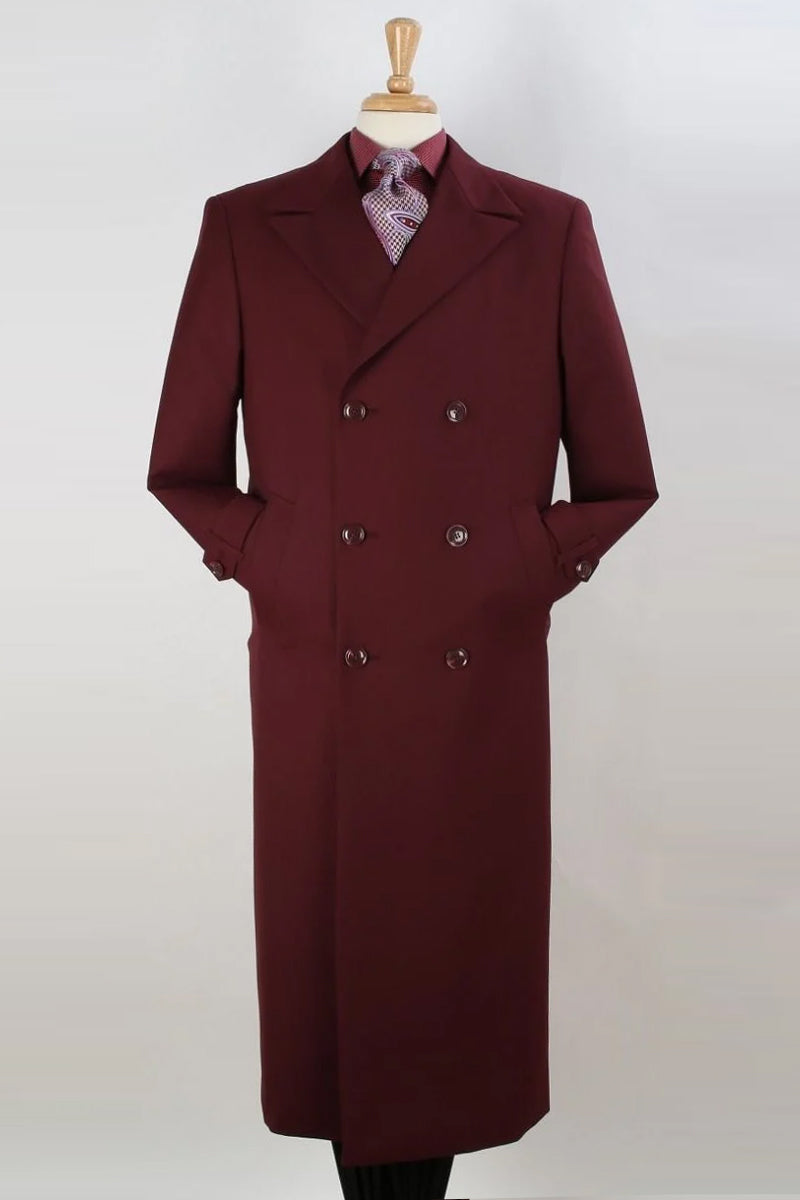 "Burgundy Men's Double Breasted Wool Gaberdine Overcoat"
