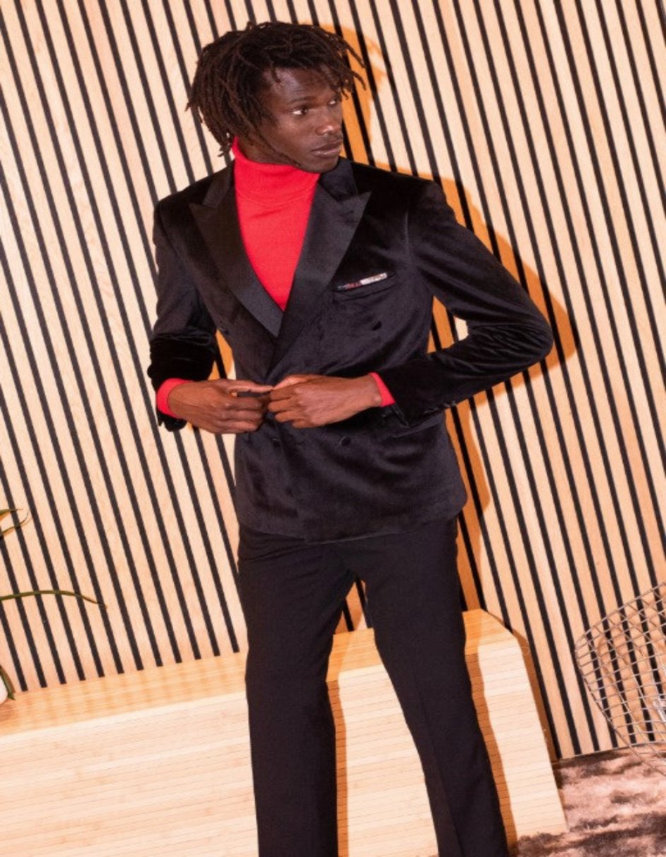 Double Breasted Tuxedo - Velvet Dinner Jacket with Pants in Color Black - Coat Size 38