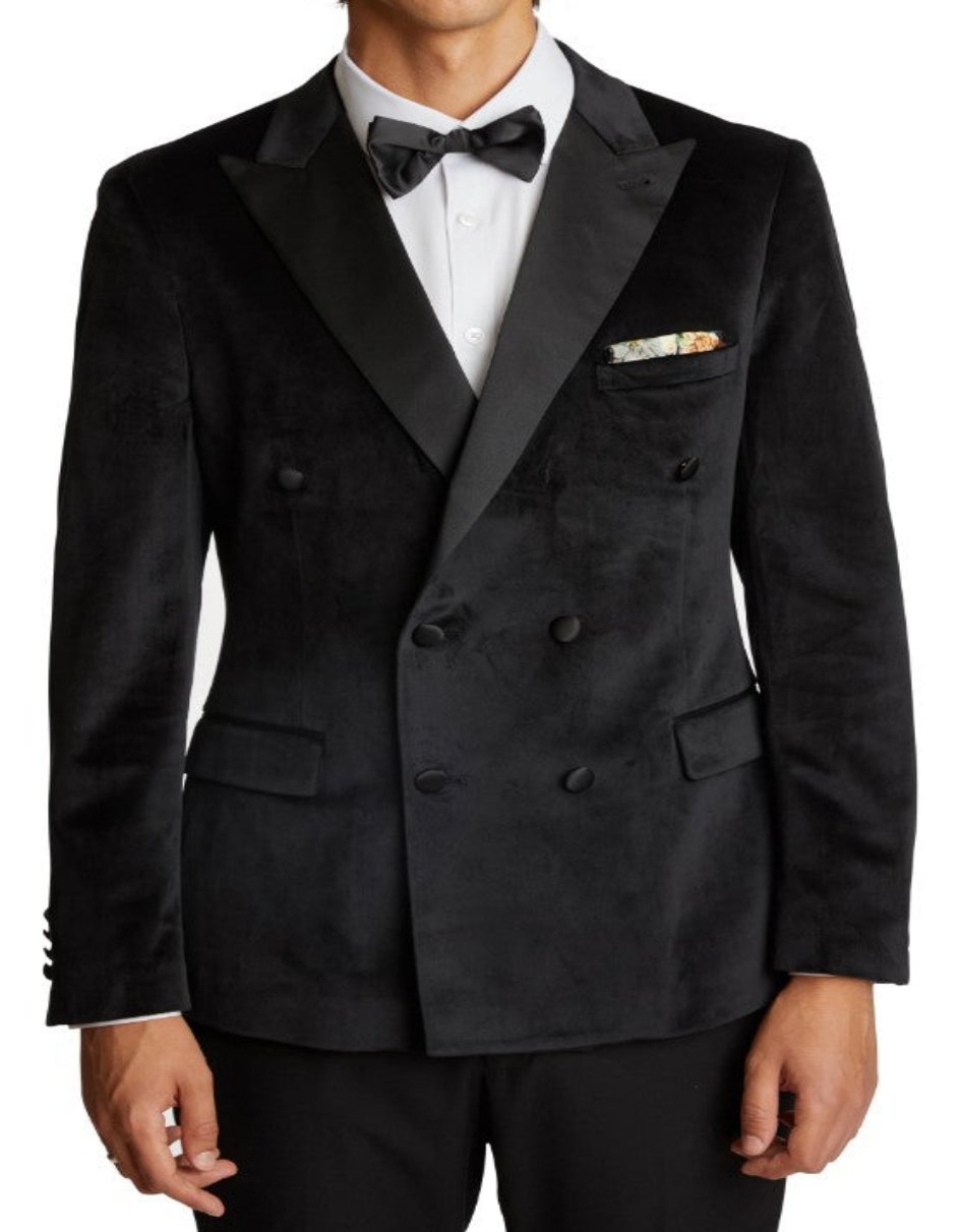 Double Breasted Tuxedo - Velvet Dinner Jacket with Pants in Color Black - Coat Size 38