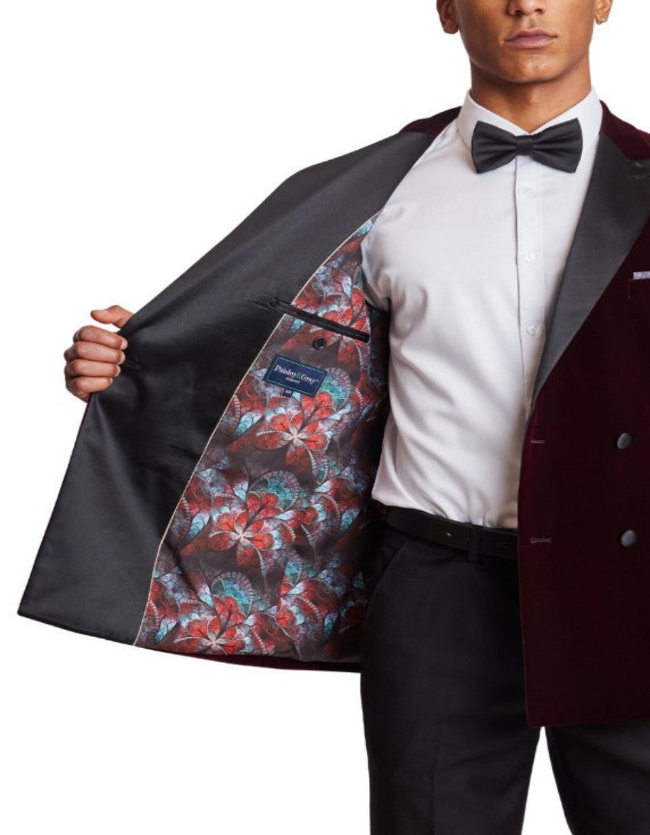 Double Breasted Tuxedo - Velvet Dinner Jacket with Pants in Color Maroon - Coat Size 38