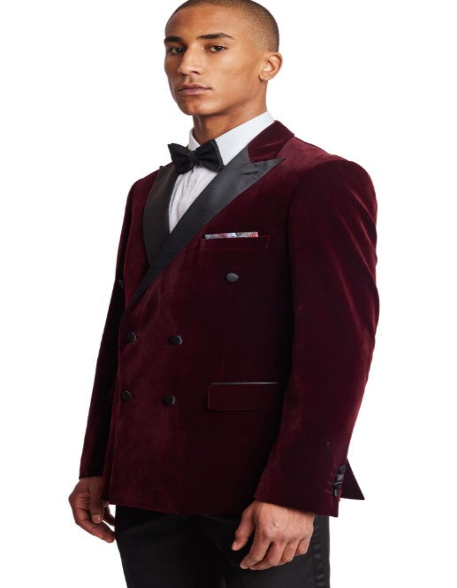 Double Breasted Tuxedo - Velvet Dinner Jacket with Pants in Color Maroon - Coat Size 38
